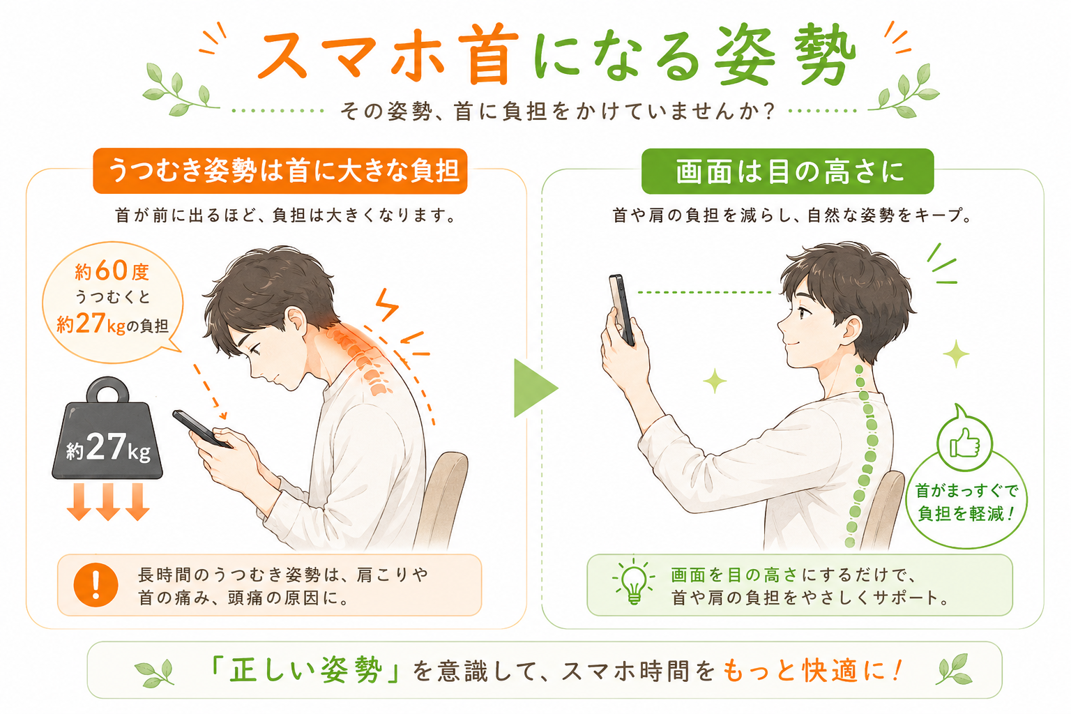 スマホ首になるうつむき姿勢の図解|画面を目の高さにして首の負担を減らす